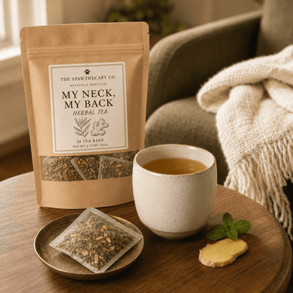 My Neck, My Back herbal tea pouch with a brewed cup, tea sachet, ginger, and mint.