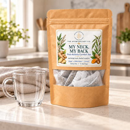My Neck, My Back tea pouch with 15 tea bags beside an empty glass mug.