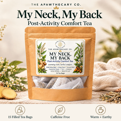 My Neck, My Back — Post-Activity Comfort Tea; updated product showcase.
