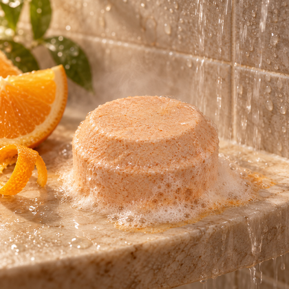 Naked Ambition orange shower steamer actively fizzing and dissolving in a warm shower
