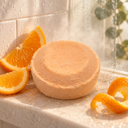Naked Ambition orange shower steamer styled with fresh orange in a steamy shower