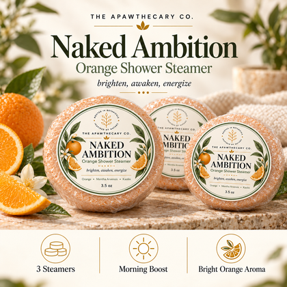 Naked Ambition orange shower steamer 3-pack showcase with morning boost and bright orange aroma