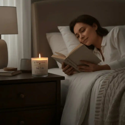 Woman reading a book in bed with a lit candle on a nightstand.