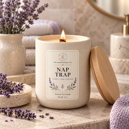 Nap Trap candle in a relaxing lavender spa setting