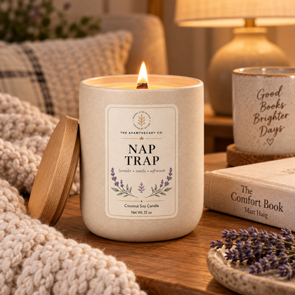 Nap Trap candle in a cozy reading nook