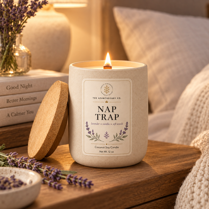 Nap Trap candle on a cozy nightstand