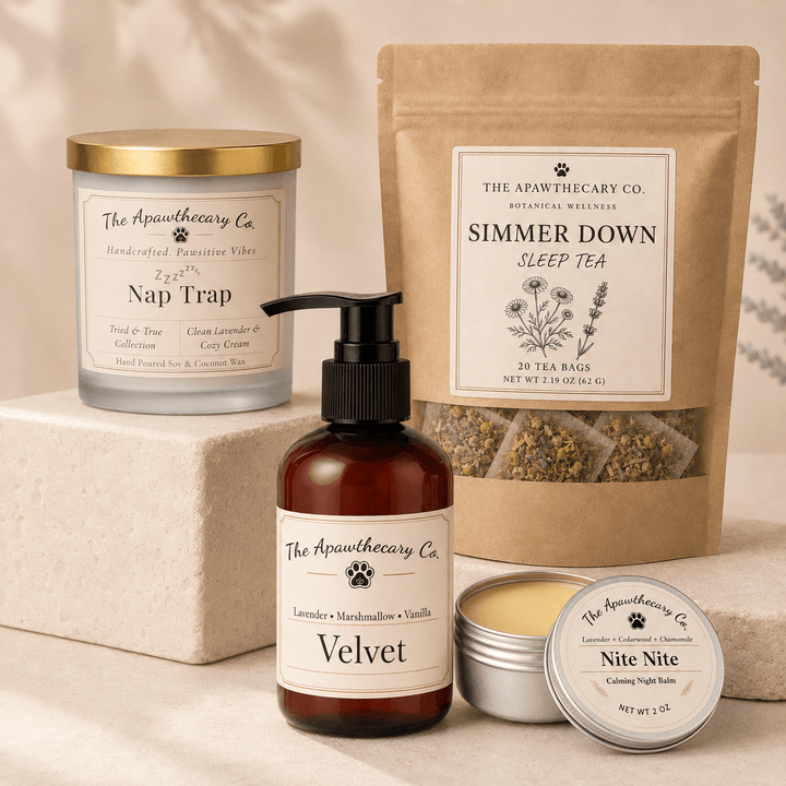 Nap Trap Night Ritual bundle with Nap Trap candle, Simmer Down tea, Velvet lotion, and Nite Nite balm.