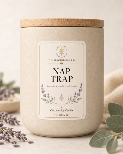 Nap Trap candle product image with lavender and botanical background
