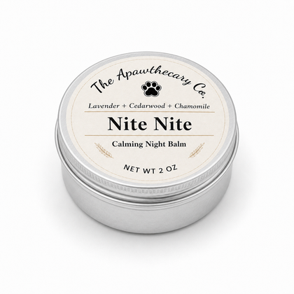Closed silver tin of Nite Nite evening aromatic balm on a white background.