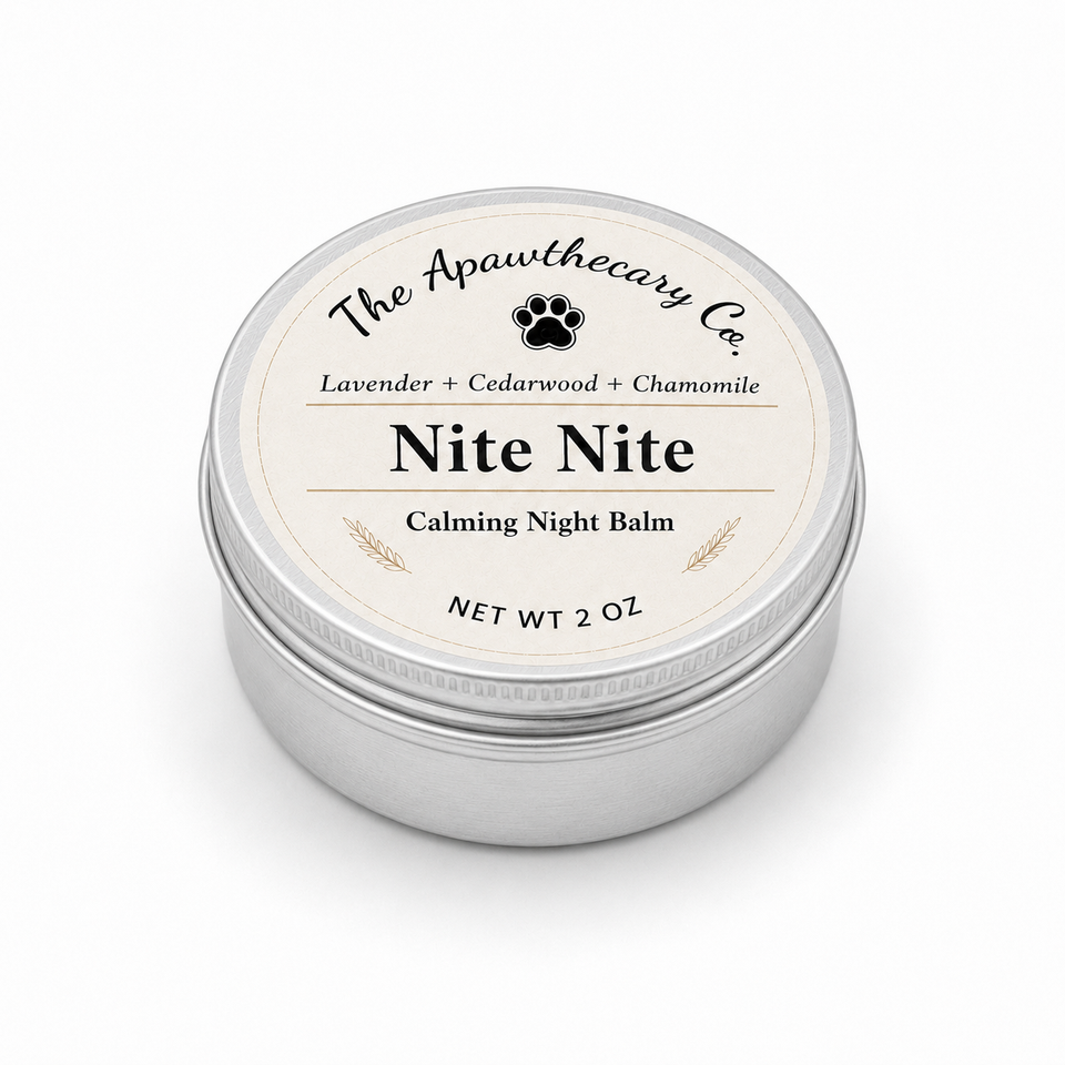 Closed silver tin of Nite Nite evening aromatic balm on a white background.