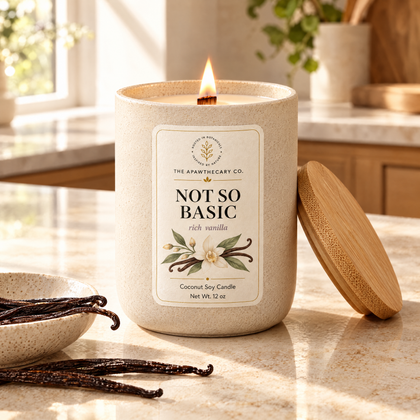 Not So Basic candle in a warm modern kitchen