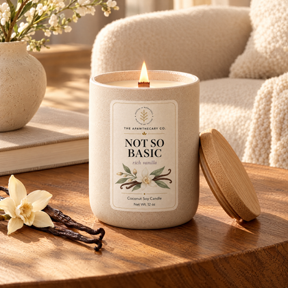 Not So Basic candle in a warm neutral living room