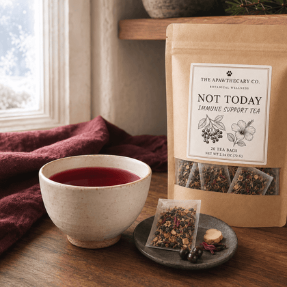 A kraft paper tea bag pouch labeled 'NOT TODAY' by The Apawthecary Co. sits on a wooden table beside a ceramic cup of dark red tea, a small plate with loose tea bags and tea ingredients, and a burgundy cloth near a window.