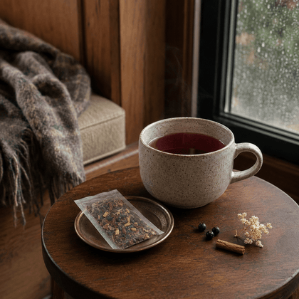 A speckled ceramic mug filled with a dark red beverage sits on a round wooden table beside a small dish holding a tea bag, with dried flowers, a cinnamon stick, and a window in the background.