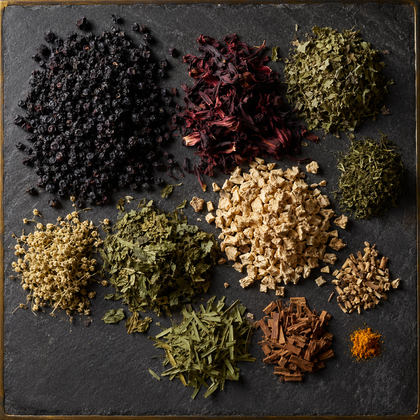 An overhead flat-lay of multiple loose dried herbs, spices, and botanical piles arranged on a dark slate background.