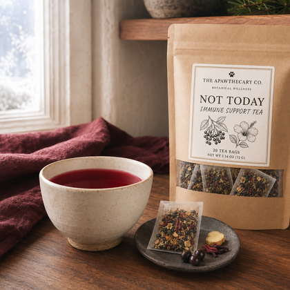 A kraft paper tea bag pouch labeled 'NOT TODAY' by The Apawthecary Co. sits on a wooden table beside a ceramic cup of dark red tea, a small plate with loose tea bags and tea ingredients, and a burgundy cloth near a window.
