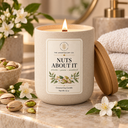 Nuts About It candle with pistachio and jasmine in a spa setting