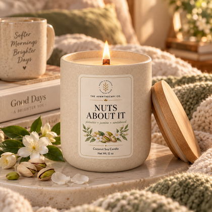 Nuts About It candle in a cozy reading nook