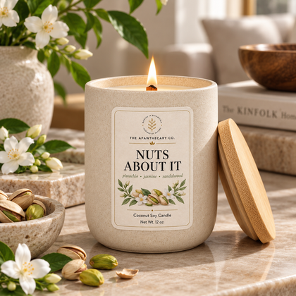 Nuts About It candle with pistachio and jasmine in a warm home setting