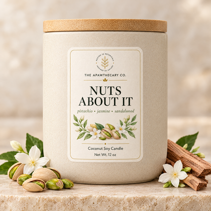 Nuts About It product image with pistachio jasmine and sandalwood background