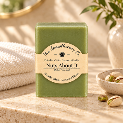 Nuts About It solid pistachio soap on a sunlit vanity