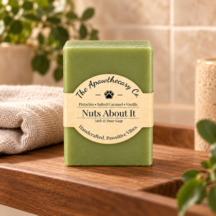 Nuts About It solid pistachio soap on a walnut bath shelf