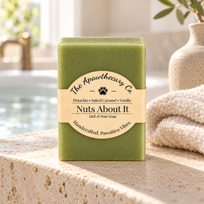 Nuts About It solid pistachio soap beside a bath