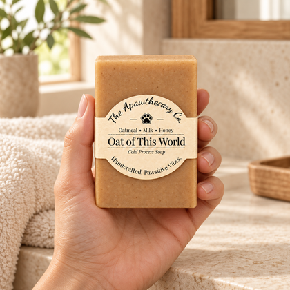 Oat of This World soap held in a calm warm stone bathroom