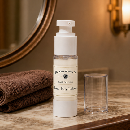 A pump bottle of The Apawthecary Co. Low-Key Lotion stands on a marble surface next to a clear glass cup, with a brown towel and a mirror in a warm bathroom setting.