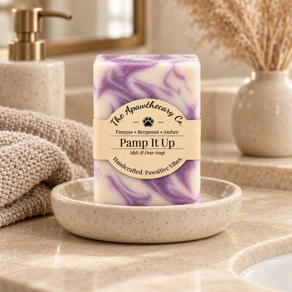 Pamp It Up soap on a warm neutral bathroom vanity
