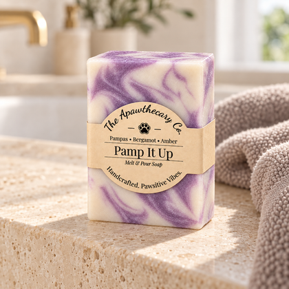 Pamp It Up soap on a cream travertine bath ledge