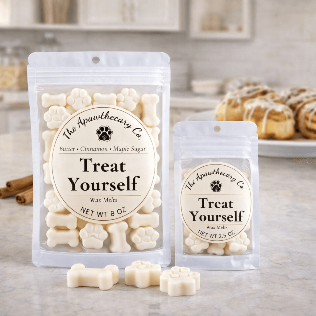 Soy & coconut wax melts in bone shapes, Butter Cinnamon Maple Sugar scent, perfect for a flame-free fragrance experience.