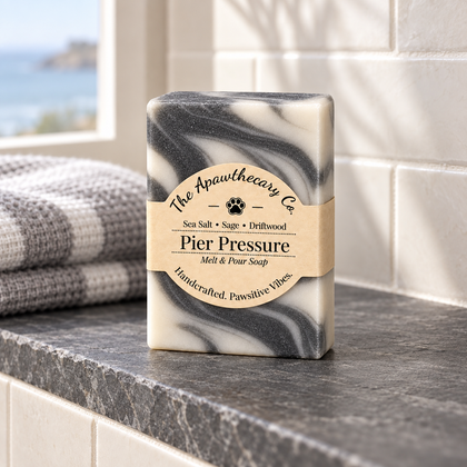 Pier Pressure soap on a slate shower shelf