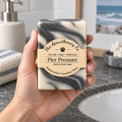 Pier Pressure soap held in hand in a coastal modern bathroom