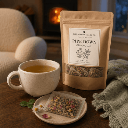 Pipe Down herbal tea pouch beside a brewed cup and a sachet with loose flower petals.