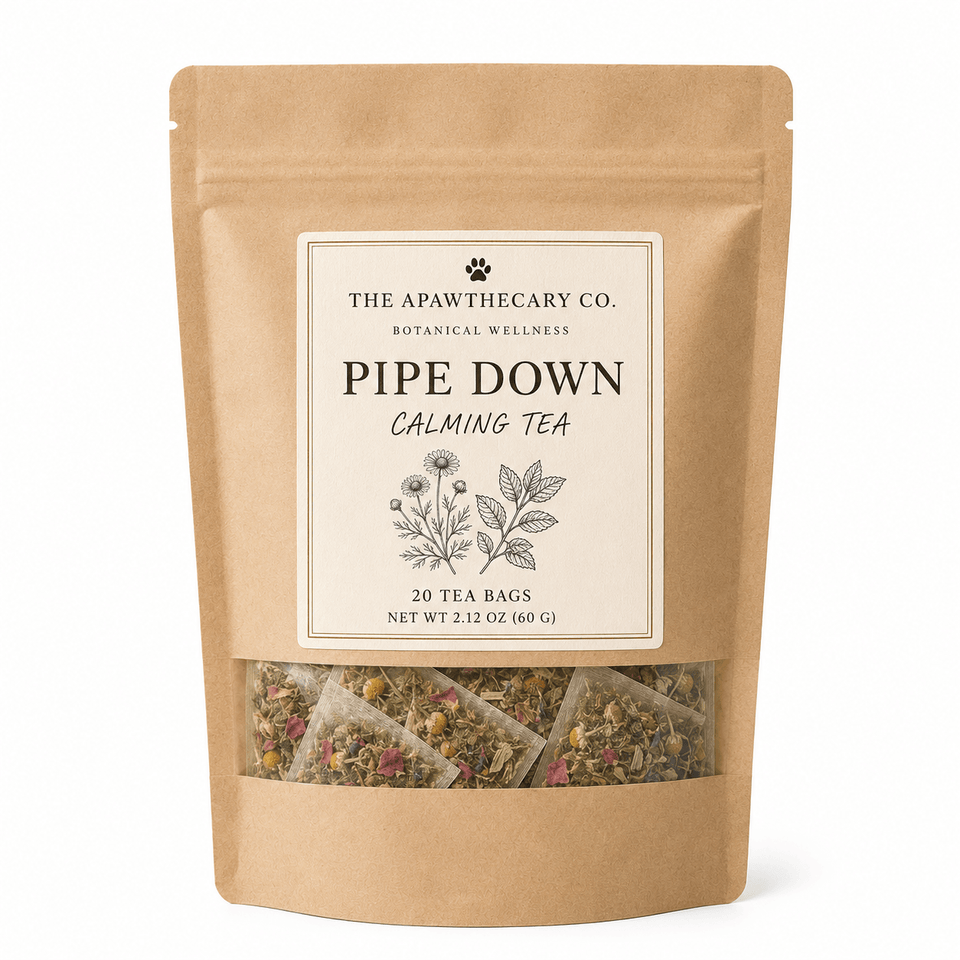 Pipe Down herbal tea pouch with botanical label art and a clear window showing the tea bags.