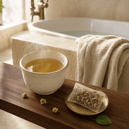 A ceramic cup filled with steaming tea sits on a wooden ledge beside a small plate holding a tea bag pouch, with dried flowers and a green leaf nearby. A beige towel drapes over a stone bathtub in the background.