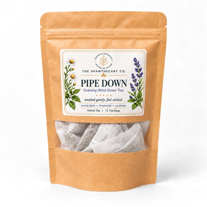Pipe Down herbal tea pouch labeled 15 tea bags.