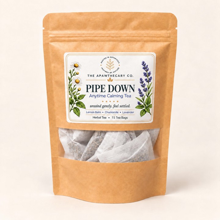 Pipe Down herbal tea pouch labeled 15 tea bags.