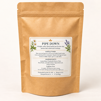 Back label of Pipe Down herbal tea pouch with directions, ingredients, safety guidance, and 15 tea bags.