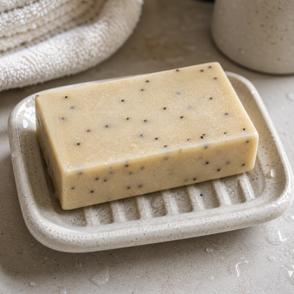 Pulp Friction - Standard Cold Process Soap - Exfoliating Citrus & Poppy on a soap dish with poppy seeds visible.