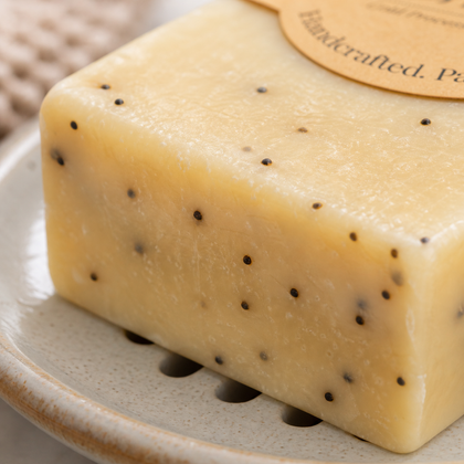 Pulp Friction - Standard Cold Process Soap - Exfoliating Citrus & Poppy on a ceramic dish with poppy seeds visible.