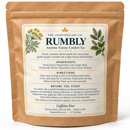 Rumbly Anytime Tummy Comfort Tea back label: six-herb ingredients, brewing directions, cautions and 15 tea bags.