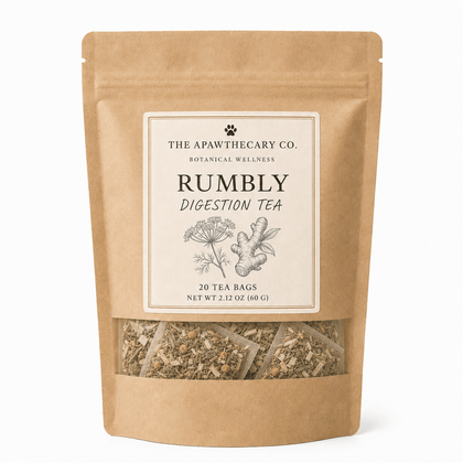 Rumbly tummy comfort tea pouch with tea bags visible through the clear window.