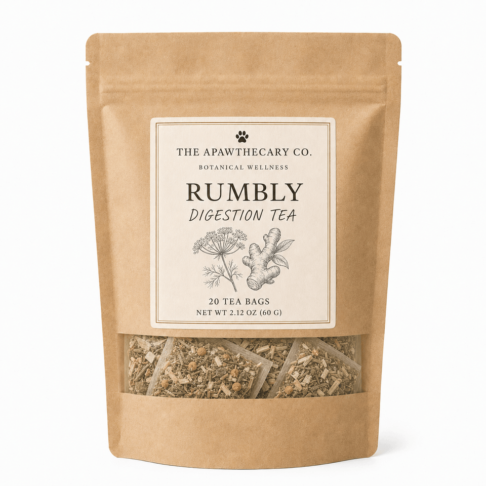 Rumbly tummy comfort tea pouch with tea bags visible through the clear window.