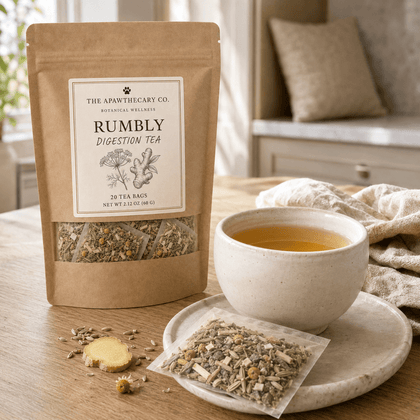 Rumbly tummy comfort tea pouch beside a cup of amber tea and a tea bag on a saucer.
