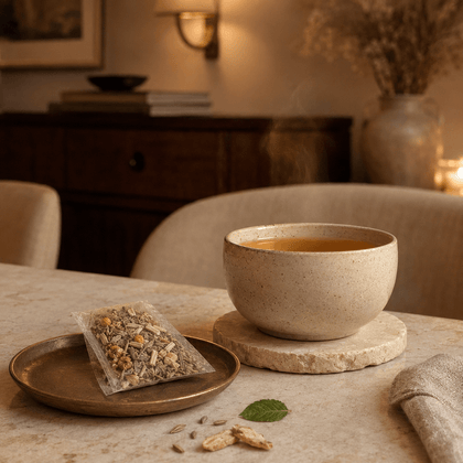 A warm ceramic cup filled with tea sits on a stone coaster on a table, with a small packet of loose herbal tea beside it on a brass tray. The scene is set in a cozy, softly lit room with upholstered chairs and a wooden cabinet in the background.