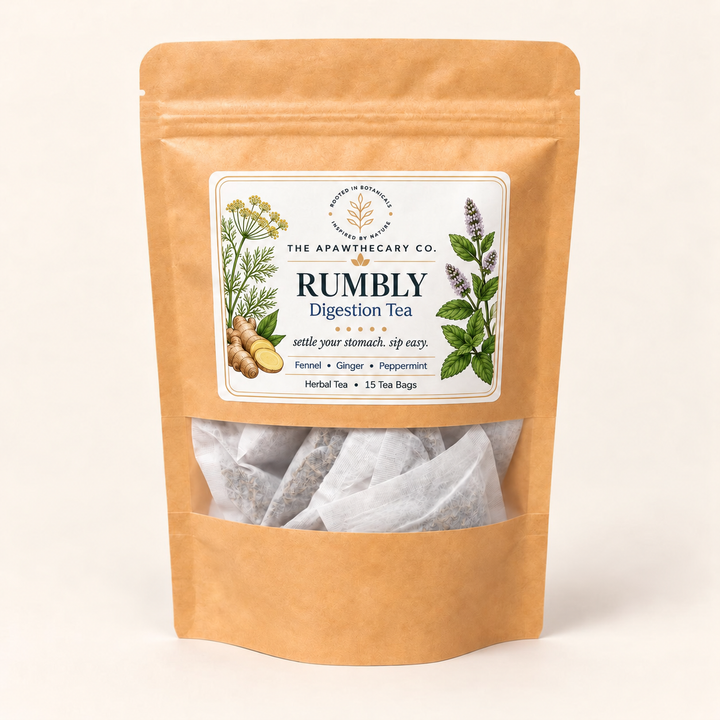Rumbly herbal tea pouch labeled 15 tea bags.