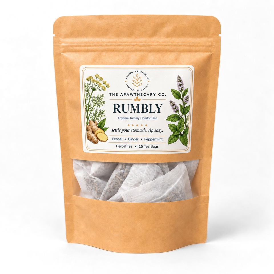 Rumbly herbal tea pouch labeled 15 tea bags.