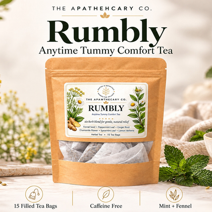 Rumbly — Anytime Tummy Comfort Tea; updated six-herb product showcase.